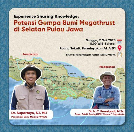 Sumonggo Sedulur, saksikan Experience Sharing Knowledge: Potensi Gempa Bumi Megathrust di Selatan Pulau Jawa. Daftar melalui bit.ly/SeminarMegathr…

Materi juga dapat diunduh melalui link s.id/1HPQb

#KominfoDIY #JogjaIstimewa #UPNVYK