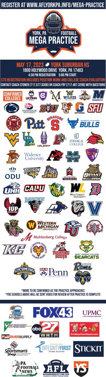 Registration closes May 10th! This is going to be epic! DJ is booked ⁦<a href="/PaFootballNews/">Pennsylvania Football News</a>⁩ ⁦<a href="/KalistaAndrew/">Andrew Kalista</a>⁩ ⁦<a href="/allieberube/">Allie Berube</a>⁩ ⁦<a href="/CoachFry8/">Josh Fry</a>⁩ ⁦@PRZPAvic⁩ ⁦<a href="/tdhald/">Todd Haldis</a>⁩ ⁦<a href="/bad2theallibone/">Matthew Allibone</a>⁩ ⁦@KeystoneRecruit⁩ ⁦<a href="/AFL_YorkPA/">AFL York PA</a>⁩