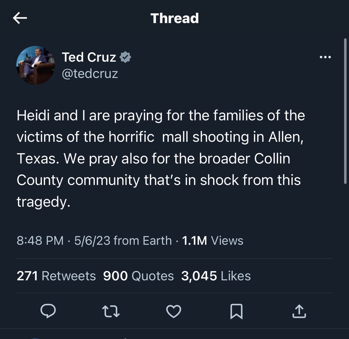 statesmanalex's tweet photo. 9 dead and Ted Cruz’s copy/paste shooter tweet template left a mistaken second space between “horrific” and “mall” where he edited out the last mass shooting. 

You either support @RepColinAllred or you support the daily murder of Americans. 

Call it how it is. https://t.co/JbqJO9dFk2