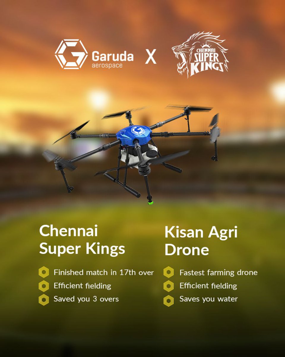 garuda_india's tweet photo. Chennai Super Kings ๐ค Garuda's Kisan Agri Drone
@AgnishwarJ @ChennaiIPL @msdhoni @imjadeja
#MIvsCSK #DronePartner https://t.co/ctnGbRM8yn