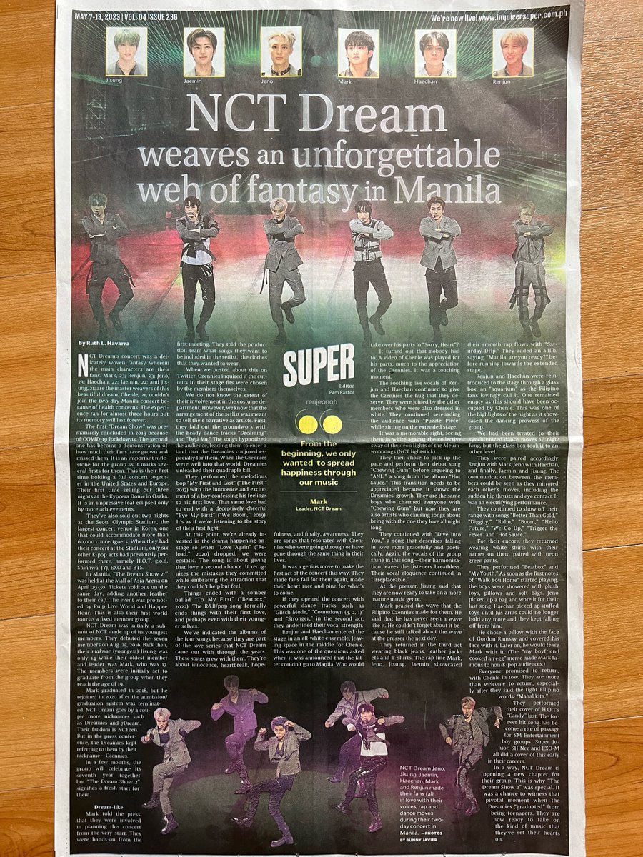 nct dream featured on philippine local newspaper today! one whole page about tds2 in manila 🥺🤍