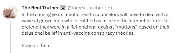 Jikkyleaks's tweet photo. @thereal_truther This has to be the biggest self own on the internet this year. 

You're 45, male, you just changed your twitter account to a mouse and then posted this. 

You might have some issues... #justsayin https://t.co/2kCQ65DOq5
