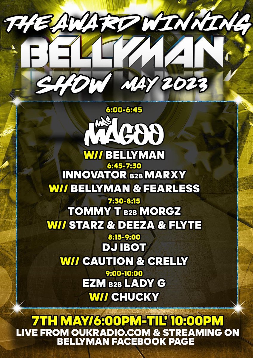 Catch the special guest dj Magoo live on the Bellyman man show tonight along side some of the best check flyer below for more deets! 
6pm-10pm 🔥🔥🔥
Facebook live <a href="/bellyman/">jtr</a> page 
Just audio I'm listen to <a href="/originuk/">Origin Healthcare</a> on <a href="/TuneIn/">TuneIn</a>. #NowPlaying tun.in/seP9