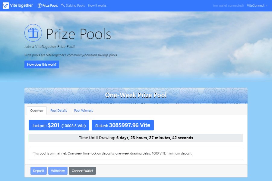 The winner for the 38th vitetogether.vivafi.org/#/prizepools draw is...
 vite_65be937f2fe60befbca3b6882305fb79be13ce8f4cd59793ff

Congratulations! 🎉Winnings will show up as user balance in pool! >10000 $VITE rewards has been loaded for new pool!   

#DeFi