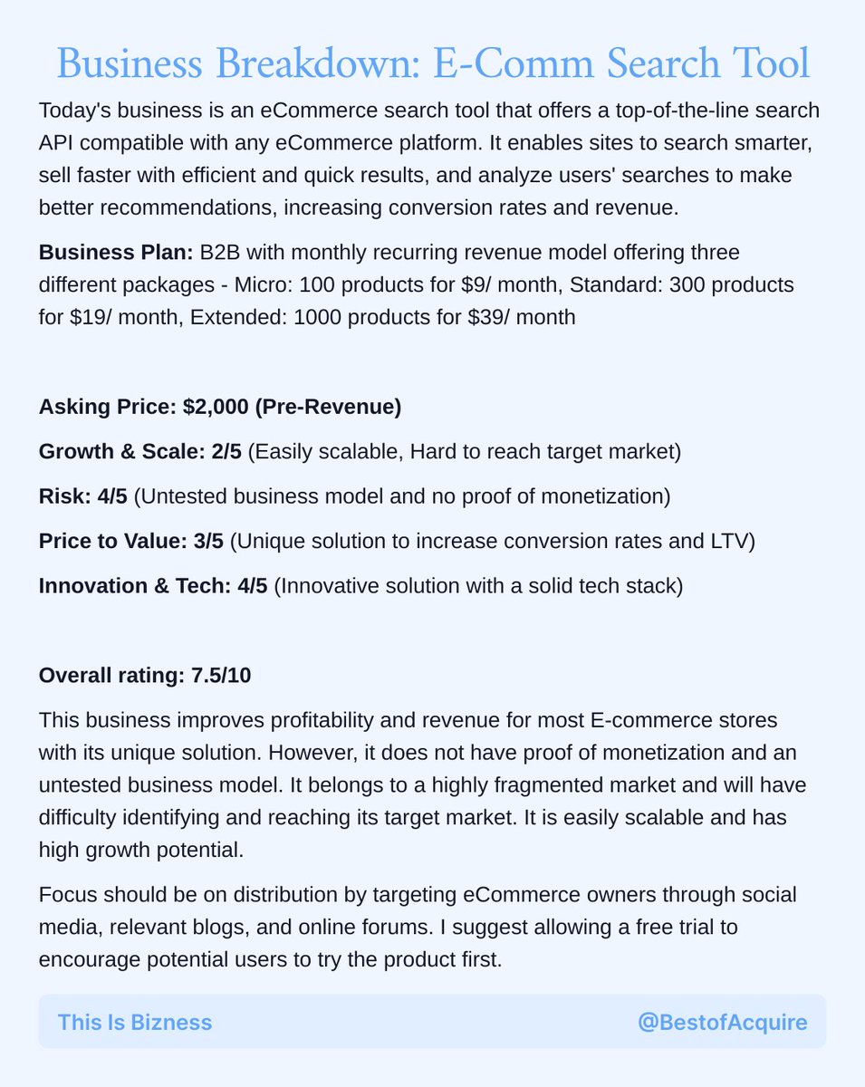 devlikesbizness's tweet photo. Business Breakdown (23/30): E-Commerce Smart Search Tool

I'm breaking down a different small business for 30 days. This business is sourced from @acquiredotcom @agazdecki and available for <$5k!

Sorry about being MIA. Been focusing on tomorrow's newsletter and beyond ship 30. https://t.co/bORxBnMtyV