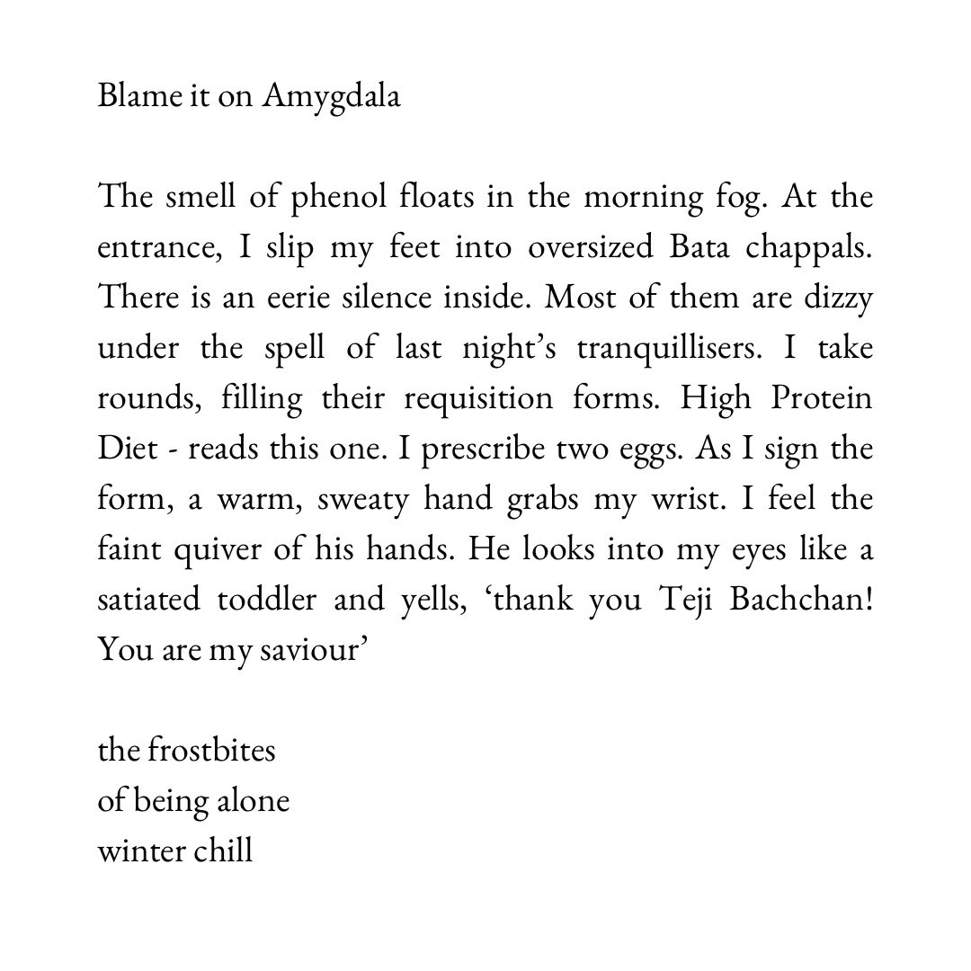 TejiSethi's tweet photo. ‘Blame it on Amygdala’ makes it to the Yearbook of Indian Poetry in English. I am not an avid haibuner but this is one of my early writings as a dietetic intern at AIIMS.  Later when I learnt that #haibun is nothing but a metamorphosed diary entry, I attempted this as a haibun. https://t.co/wc1EeDbXlQ