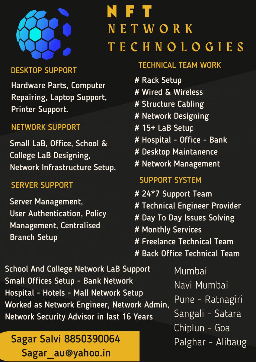 SagaSalvi's tweet photo. You can contact us for services like Desktop, Laptop, Server, Network, Security. School Lab, College lab, Bank Infrastructure, Hospitals, Hotels, Technical And Non-technical Offices, Factory, Industrial Area Like MIDC. and others.

Contact On Sagar Salvi 8850390064 https://t.co/7s92Yh5X9g