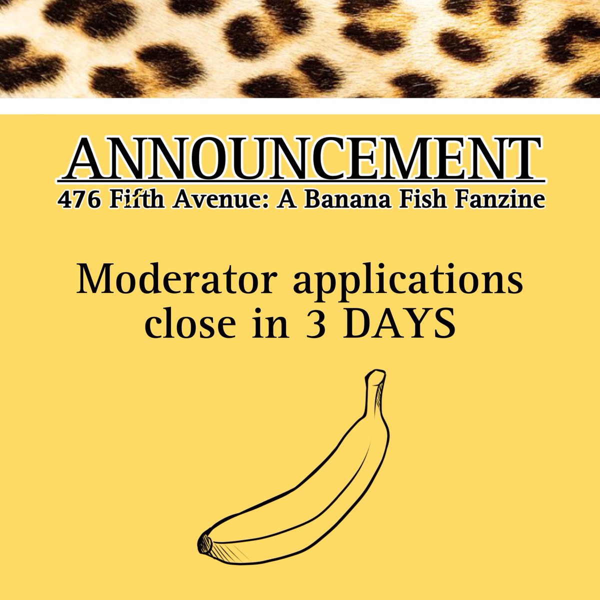 476FifthAvenue's tweet photo. Our moderator applications are also closing in 3 days! Get your submissions in as soon as possible! If you have any questions, DM us. #476fifthavenuefanzine #bananafish #fanzine #zineapplication #openzine #zinemoderator #ashlynx #eijiokumura #zine https://t.co/7hT6rFqik3