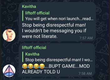 KVT9030's tweet photo. @NoriGO_Official This is to bring to your notice about one of your telegram MOD by name “liftoff official” who intentionally intervened and insulted me when another MOD was answering my question. Why would I invest in such a team? https://t.co/Kdvaca3I2T