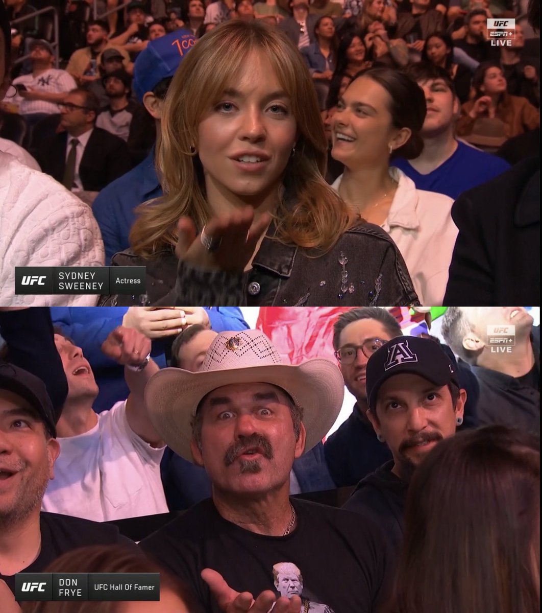 ConOfCombat's tweet photo. Sydney Sweeney: blows a kiss to the camera 

Don Frye: does the same exact thing right after

lolllll #UFC288 https://t.co/XdBIIWdQqW