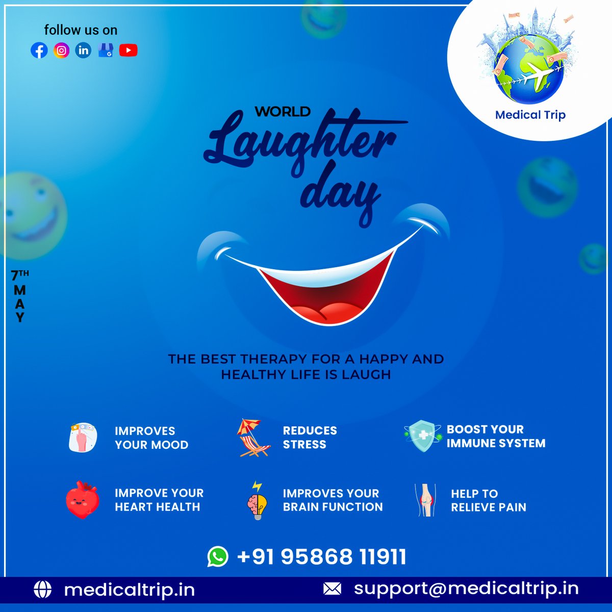 Medicaltrip2023's tweet photo. Laughing our way to a happier world! Happy World Laughter Day! 

#WorldLaughterDay #SpreadJoy #Happiness #LaughOutLoud #PositiveEnergy #linkedIn https://t.co/sxGiaiEHcv