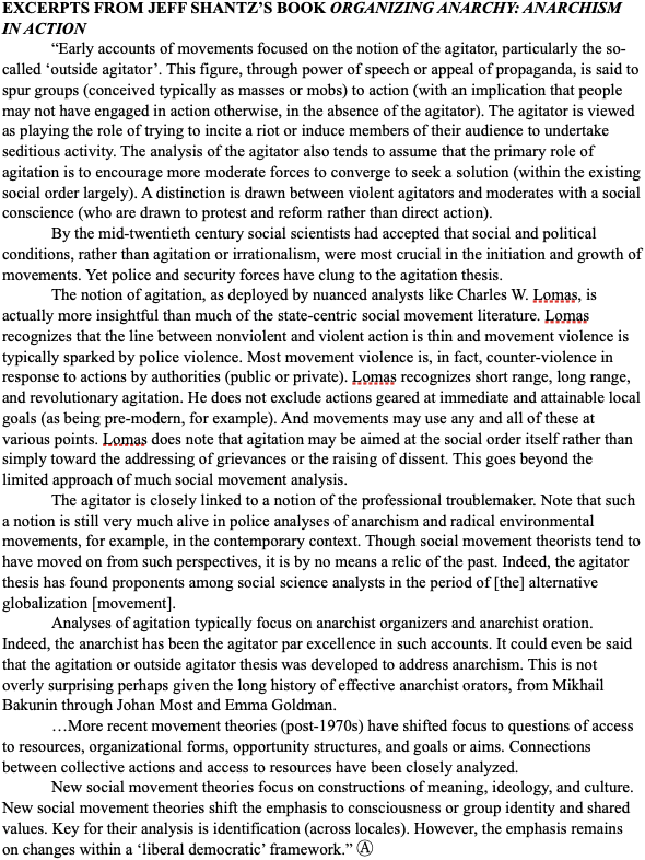 ContraryTerry's tweet photo. #JeffShantz, in his book #OrganizingAnarchyAnarchismInAction, on the agitator - and how the agitator was/is viewed by cops, social movement theorists, etc. Also, that “the agitator” is most typically assumed to be an anarchist(s). Ⓐ https://t.co/4tX8tn0Md5
