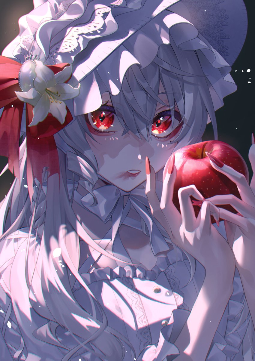 1girl food fruit holding fruit red eyes solo apple  illustration images