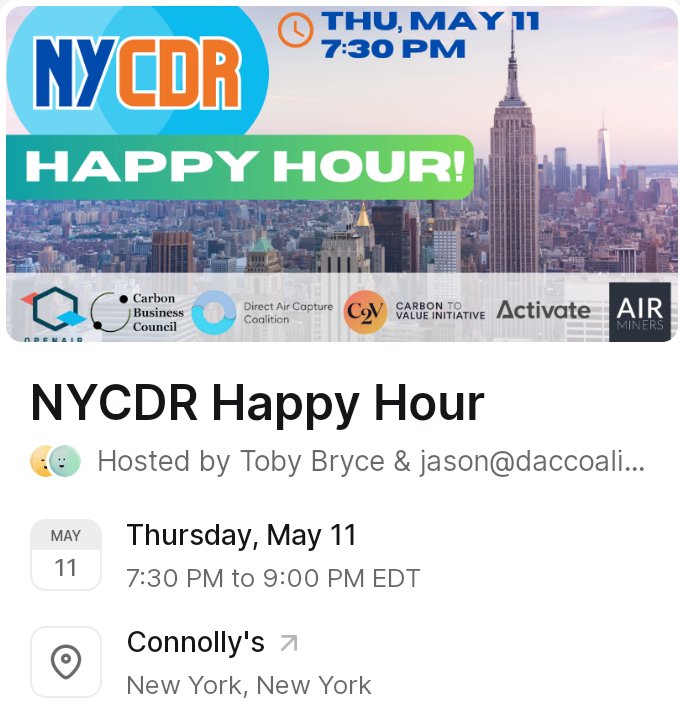 🚨EVENT ALERT 🚨

Join @openaircollect, @DACCoalition @CO2Council, @activatefellows, & #C2VInitiative
on Thursday, May 11 
for their bimonthly #NYCDR Community Happy Hour 

Register ⬇️
lu.ma/ack91m44