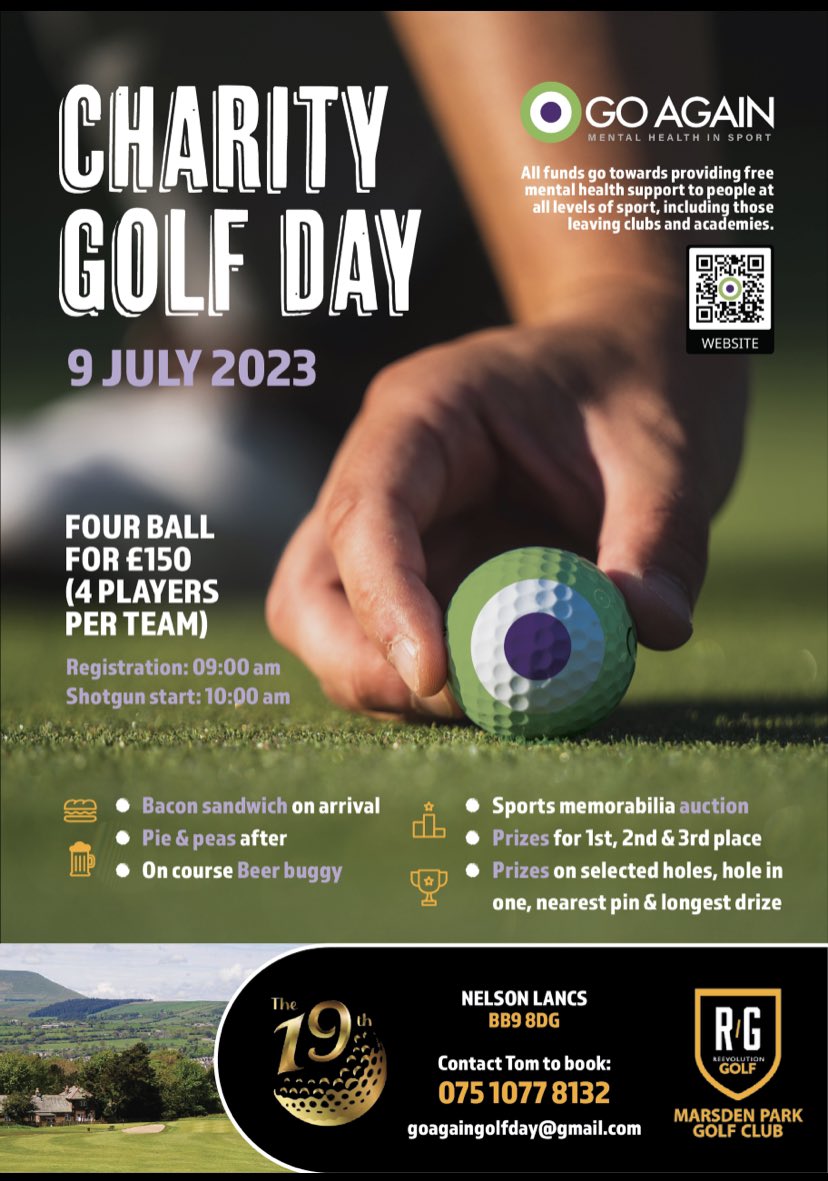 A Charity golf day on Sunday 9th July has been organised with the aim to raise funds and help us to continue providing free professional mental health support and aftercare for our partner clubs and academies. Special guests and prizes to be won. Drop us a message to sign up 🏌️⛳️