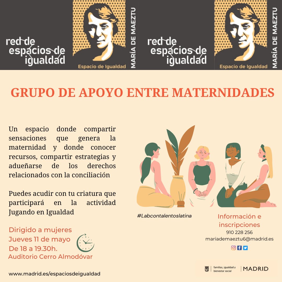 MadridIgualdad's tweet photo. Los #EspaciosdeIgualdad de @MADRID ofrecen distintas propuestas a lo largo de este mes para compartir experiencias sobre #maternidad, crianza, autocuidado, salud mental materna, parto o lactancia entre otros. 

https://t.co/mMKFhSqspM https://t.co/PHv2sdCbpO