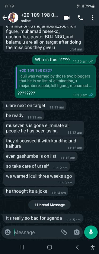 Just a day after my comerade @ismaolaxess was shot dead,I have woken up to these.@watsapp messages below, You are the next on the list,such are the contents of these messages. I have appealed to all security agencies .@updf_ ,@PoliceUg ,@CMI,@ISO and all that ever since my…
