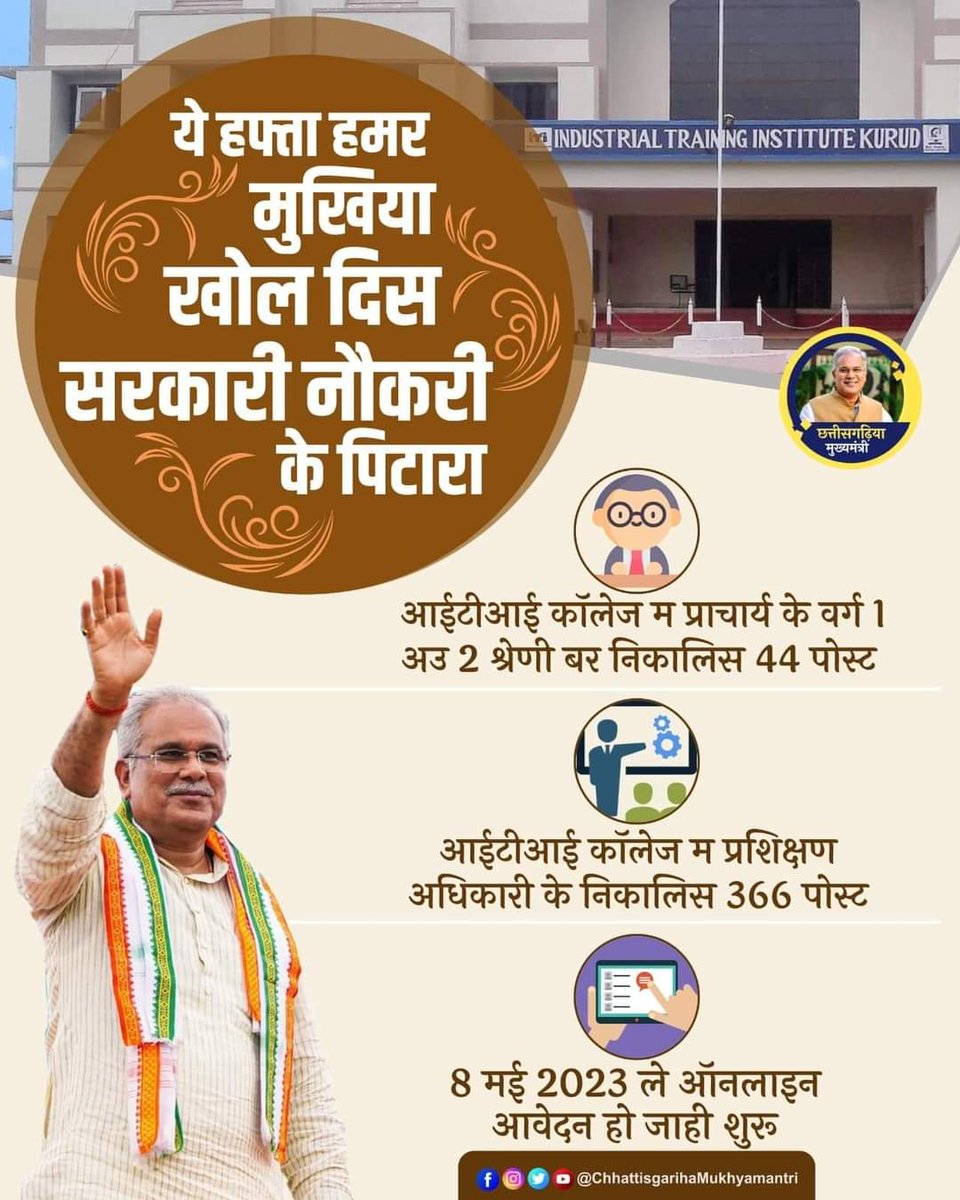 Shiv Bhajan Marabi(जनसेवक) (@marabishiv) on Twitter photo ये हफ्ता हमर मुखिया खोल दिस सरकारी नौकरी के पिटारा!
- आईटीआई कॉलेज म प्राचार्य के वर्ग 1 अउ 2 श्रेणी बर निकालिस 44 पोस्ट।
- आईटीआई कॉलेज म प्रशिक्षण अधिकारी के निकालिस 366 पोस्ट।
#CGModel #Chhattisgarh #सरकारी_नौकरी
<a href="/bhupeshbaghel/">Bhupesh Baghel</a> ये हफ्ता हमर मुखिया खोल दिस सरकारी नौकरी के पिटारा!
- आईटीआई कॉलेज म प्राचार्य के वर्ग 1 अउ 2 श्रेणी बर निकालिस 44 पोस्ट।
- आईटीआई कॉलेज म प्रशिक्षण अधिकारी के निकालिस 366 पोस्ट।
#CGModel #Chhattisgarh #सरकारी_नौकरी
<a href="/bhupeshbaghel/">Bhupesh Baghel</a>