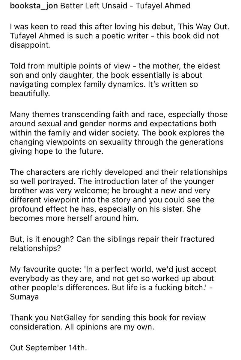 *Sigh of relief* early Bookstagram review of Better Left Unsaid is so lovely 🥰 I was warned that the second book is harder to write than the first, and I was so anxious about experiencing sophomore slump…

“Tufayel Ahmed is such a poetic writer - this book did not disappoint.”
