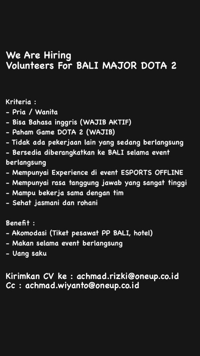 [IMPORTANT] 

Dicari volunteer untuk Bali Major 2023 yang akan diselenggarakan dalam waktu dekat. 

Untuk informasi dan kontak lebih lanjut, silahkan cek tautan berikut: facebook.com/10002513815715…

Good luck, semoga bisa berpartisipasi di Bali Major!