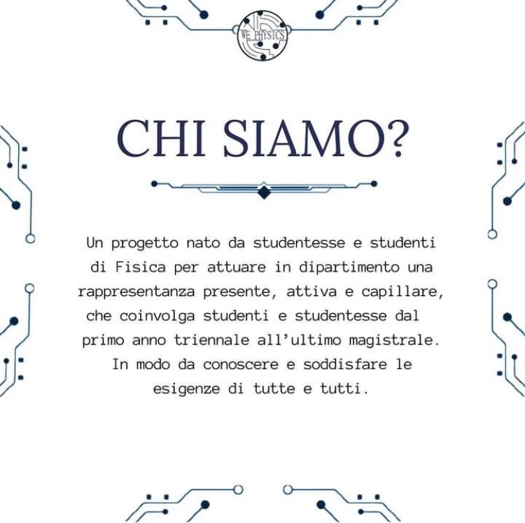CHI SIAMO?👥

Guarda il post precedente per scoprire il nostro obiettivo e il prossimo per i rapporti con le altre realtà presenti in uniba💙.

Il 16 e 17 Maggio alle elezioni studentesche <a href="/unibait/">Uniba.it Aldo Moro</a> , scegli WE PHYSICS per il Dipartimento di Fisica!
