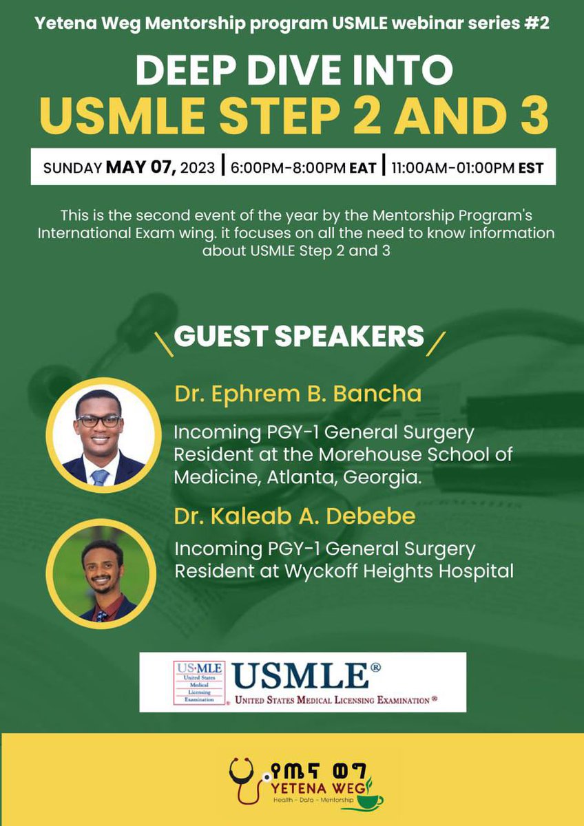 🗣️Today 👇🏾👇🏾👇🏾

#YetenaWeg #Mentorship_Program #international_exam_Series_No_2

📍Ready to take your USMLE journey to the next level? 

Join us for for the second part of our mentorship webinar series - Deep Dive on USMLE 2 &amp; 3! 

💥 Our guests will provide you with invaluable