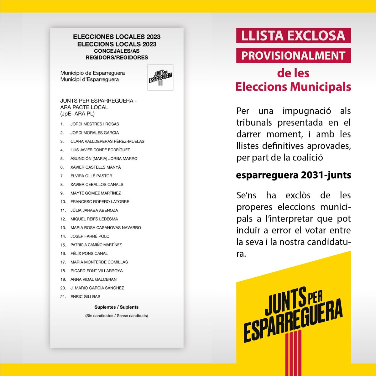 Les eleccions es guanyen a les urnes i NO als tribunals! #municipals #onéslademocràcia #Esparreguera <a href="/LauraBorras/">Laura Borràs 🎗</a> @esparreguera2031 <a href="/JuntsXCat/">Junts per Catalunya🎗</a>
