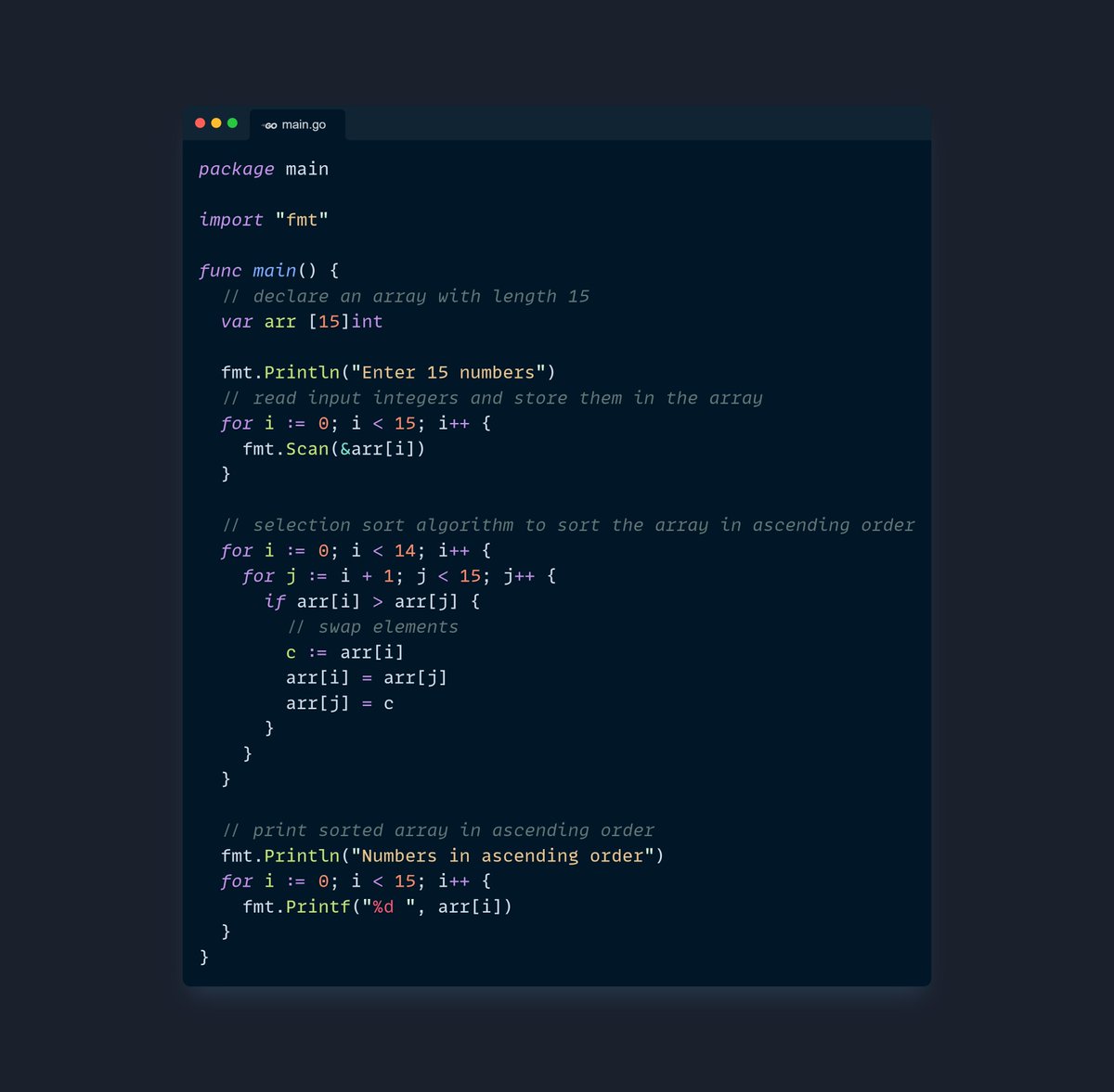 sambitsgk's tweet photo. Learning Go: Solving programming questions
Store 15 numbers in an array, then sort the numbers present in the array in ascending order.
Sorting algorithm to be used: Selection sort.
#golang #goLangCode #goProgramming https://t.co/7TnC3wjfk7