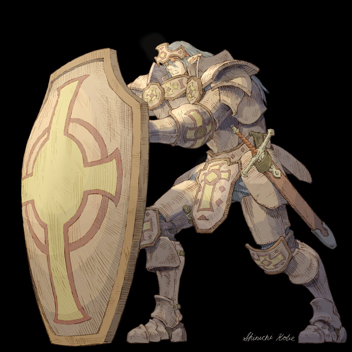 【イラスト紹介】
「エルフ」×「ガーディアン」のイラストを、神戸新一様(<a href="/kobe_ichi/">神戸新一</a>)に描いていただきました✨

タンク役にふさわしい巨大な盾と重厚な鎧が頼もしいです🛡

後日のアップデートでゲーム内でも使用できるようになる予定です。ご期待ください！
#アルテスノート