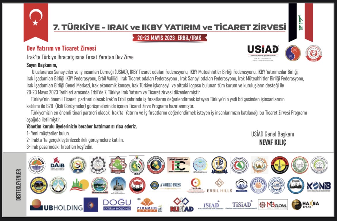 Katılımcısı ve destekçisi olduğumuz Kardeş derneğimiz olan USİAD Derneğine ve Başkanımız Nevaf KILIÇ Beyefendi ve Yönetimine  başarı dileğimizle..
İMGİAD YÖN.KUR.BŞK
EĞİTİMCİ PSİKOLOG  
Erdal ATAKLI
@nevafkilic @imgiadgenclik @HusniyeErdogan @IrakTika @irak_bulteni @psikologea