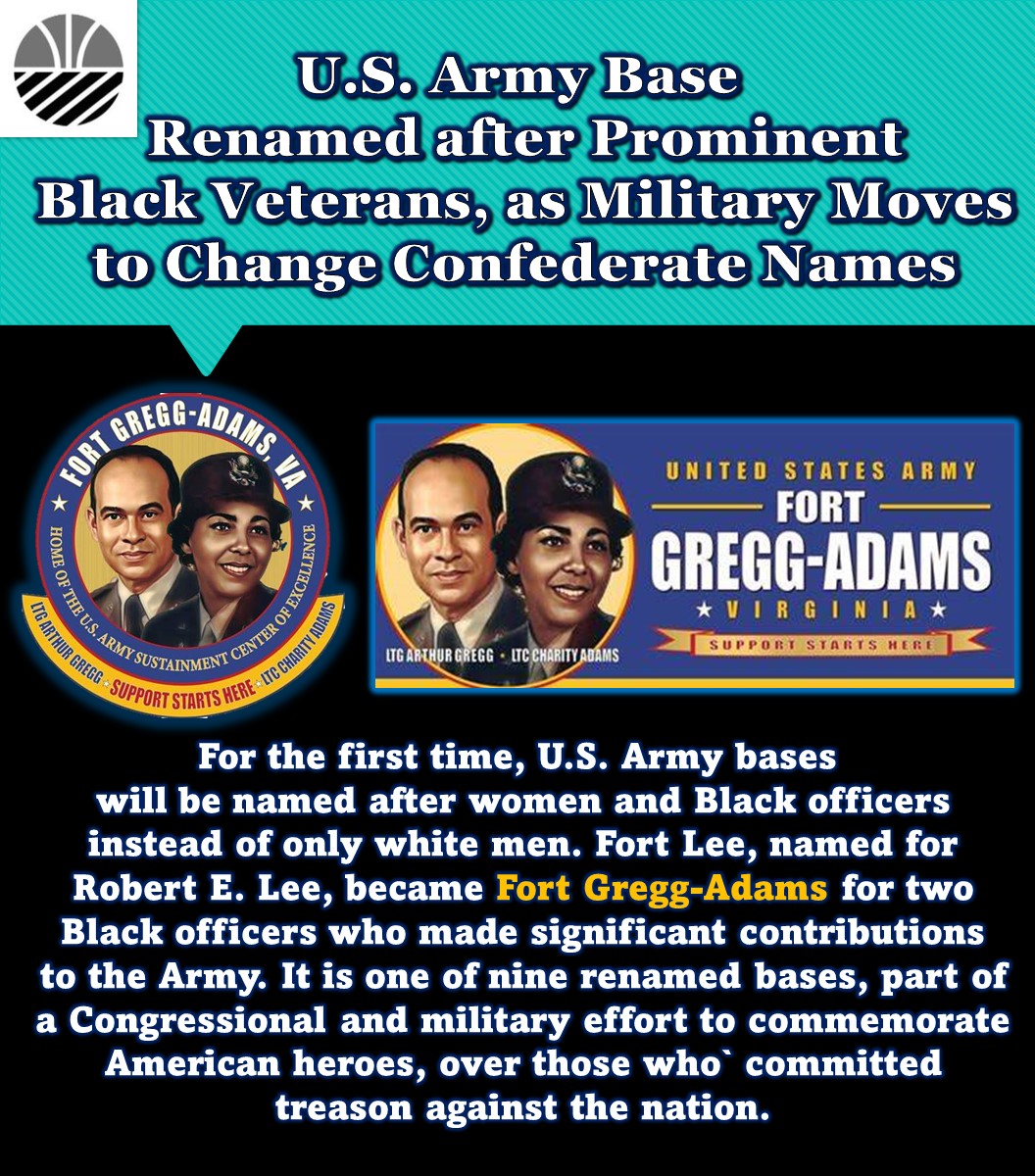 PHIZNews's tweet photo. #FortLee was renamed Fort Gregg-Adams in honor of 2 Black, Army pioneers. Gregg was the 1st Black Lt. Gen. in the Army &amp; Lt. Col. #CharityAdams, was the 1st Black in the Women’s Army Auxiliary Corp &amp; led the 6888th CPD Battalion in WWII. It's 1/9 Army bases being renamed. #PHIZ https://t.co/X2yRUfJ903