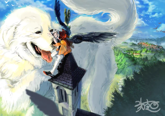 デザインフェスタvol.57 西1土)のみ C-313 【巨犬と老眼鏡】 山や建物ほど大きな犬(と、翼の生えるおじさん)のイラスト集メイン。他「おおきないぬがすき」ホログラムステッカー、犬と眼鏡のフレークシール、犬ピンバッジ等雑貨あり。  #デザフェス57 #デザインフェスタ 