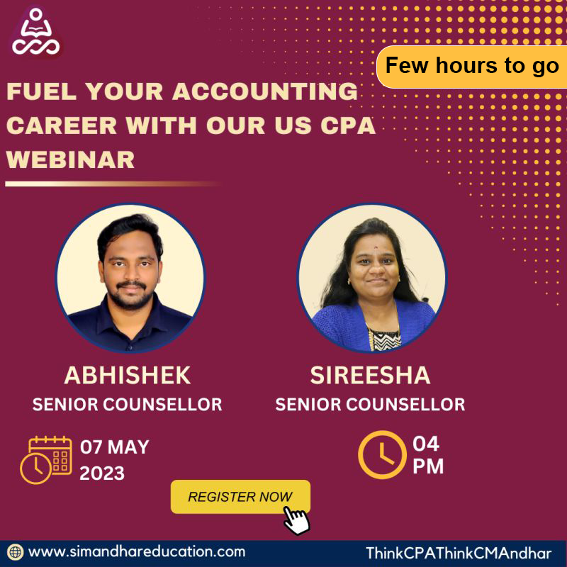 SimandharEdu's tweet photo. Only a few hours to go!!
Join our comprehensive US CPA webinar with our expert counselors Sireesha and Abhishek and take your accounting career to new heights!
Register Now: https://t.co/GZC04a4IS3
#CPA #CPAexam #CPAtips #CPAStrategies #CPAwebinar #CPAfullform #webinar https://t.co/96OrE9Z84E