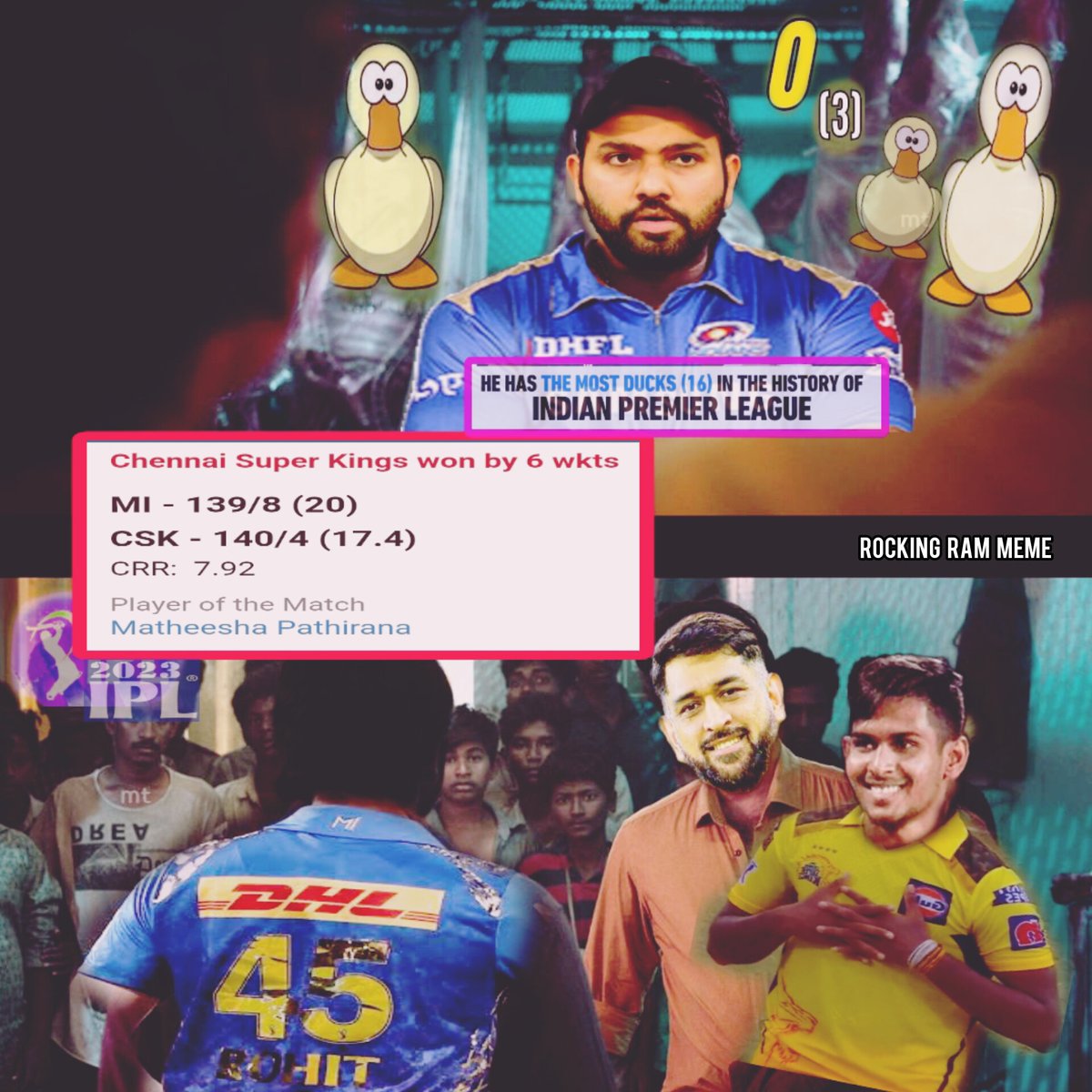 RamRockingRam's tweet photo. #VAATHIRAID 🔥vs #VAATHURAID🦆#Duckout #RohitSharma𓃵  #cskvsmi #mivscsk #Dhoni #Csk #ipl2023 #RockingRam
-@RamRockingRam  
#mivscsk #trending #ipl #Pathirana #tamilmemes @tamilmemess #ipl @anirudhofficial @Dir_Lokesh @actorvijay @msdhoni @ChennaiIPL @StarSportsTamil @matheesha_9 https://t.co/J7QVslIBFx