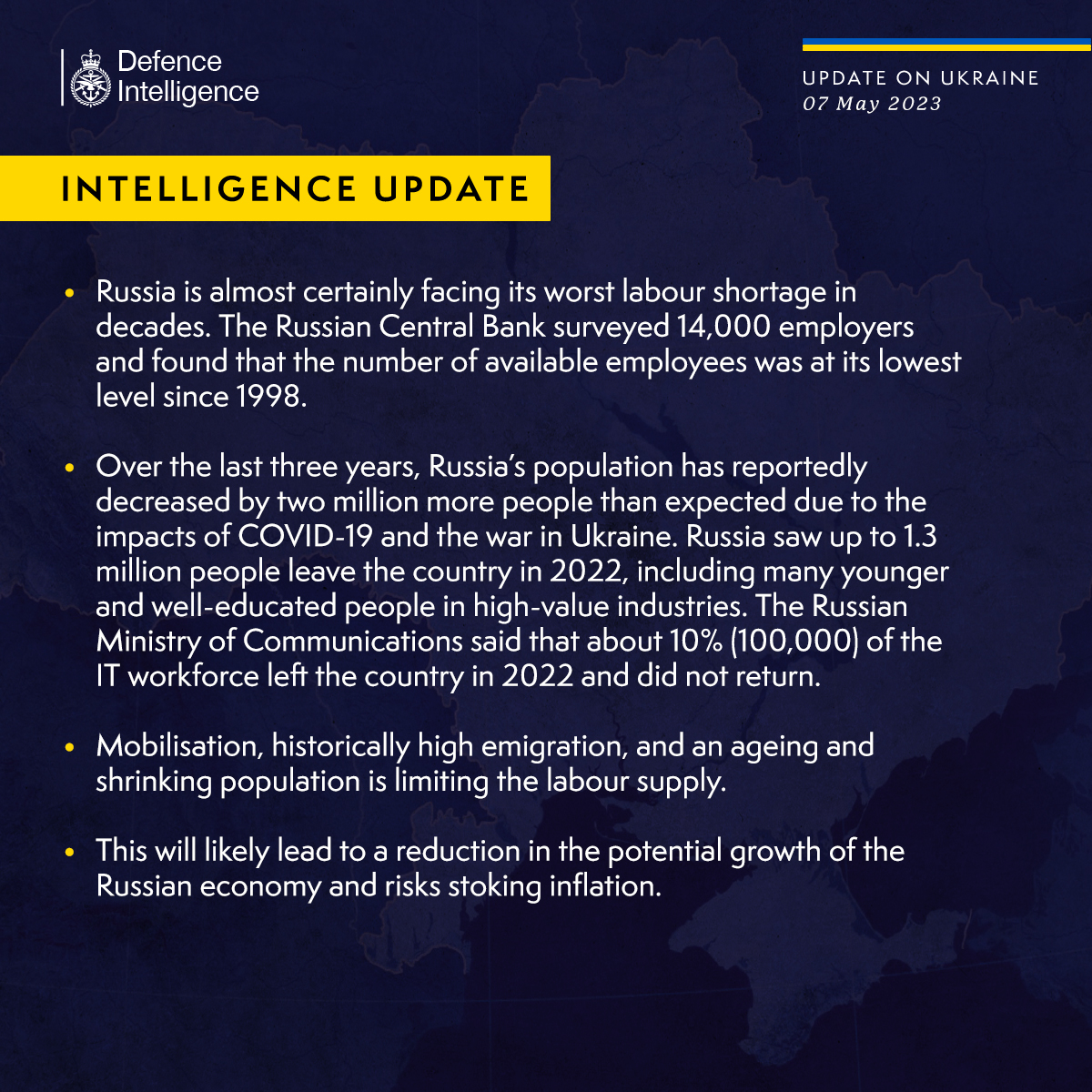 Latest Defence Intelligence update on the situation in Ukraine - 7 May 2023.