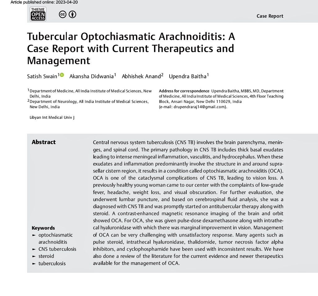 Optichaismatic Arachnoiditis- a devastating complication of CNS TB. 
No standard of care 
No major studies 
Steroids-most commonly used
We reviewed the literature and looked at current available therapies (steroids, Thalidomide, TNF a i , Intrathecal Hyaluronidase) and outcome