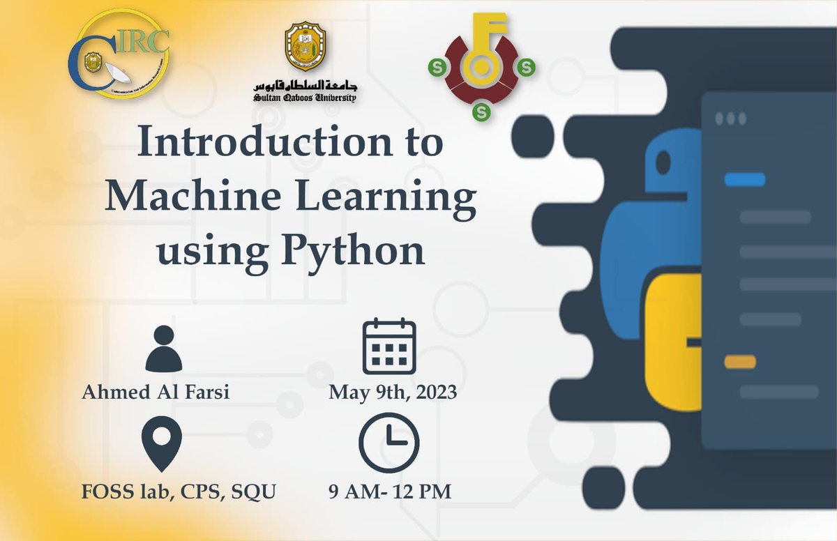 FO3S's tweet photo. بانتظاركم في الورشة الخامسة لـربيع ٢٣: "Introduction to Machine learning using python "👨🏻‍💻👾 
✔️ الثلاثاء، 9 مـايو 
✔️ ٩:٠٠ ص - ١٢:٠٠ م 
✔️ مُختبر البرمجيَّات الحرَّة - مركز الدراسات التحضيريَّة 
✔️للتسجيل:  
https://t.co/ZAZdT0hO7s https://t.co/0RmymCNM2U