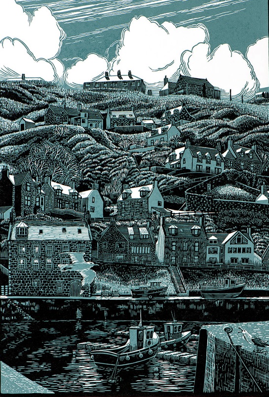 Scottish artist Bryan Angus, based in Banff on the Moray Firth, is inspired by “the drama of the land and weather, enriched by the history of the people and their towns”. He creates linocuts such as this ~ May Morning bryanangusart.com