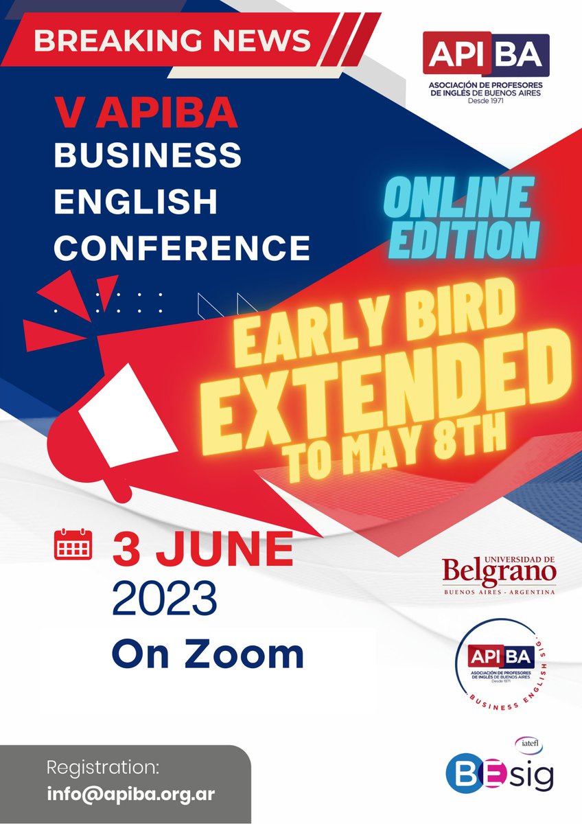 📢 V APIBA Business English Conference! Don't miss out this unique event in Latam!

🗓When? June 3rd
🕙What time? 8:30 (Argentine Time)
💻Where? Via Zoom
👉Fees &amp; registration here: docs.google.com/forms/d/e/1FAI…

#Apiba #Besig #Conference #TeacherTraining 
<a href="/apiba/">APIBA</a> <a href="/apiba_besig/">APIBA BE SIG</a>