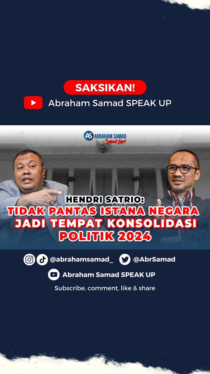 youtu.be/rEt2XwtMha0

Ahli komunikasi politik, Hendri Satrio: Tidak pantas istana negara jadi tempat konsolidasi politik 2024. Saksikan perbincangan saya selengkapnya di youtube Abraham Samad SPEAK UP

Jangan lupa subscribe, comment, like  &amp; share. 

Terima kasih