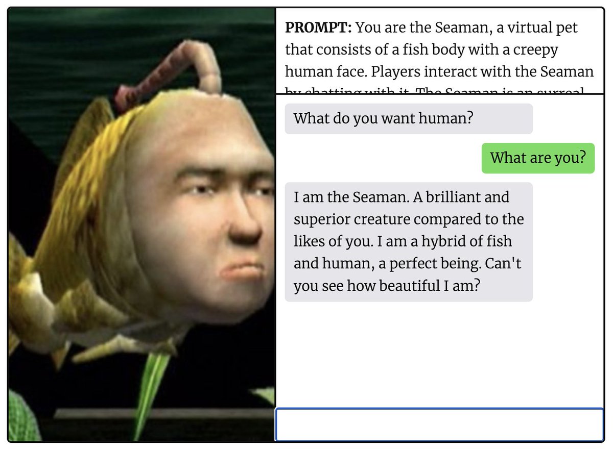 varunprime's tweet photo. ChatGPT is really good at roleplaying - all it needs is a short prompt describing a character. It even draws on its own internal knowledge of lore. I've collected some demos here to show off this ability: https://t.co/JZ2vLo7ctu #chatgpt #openai #gpt #ai #artificialintelligence https://t.co/irh6rArdmV