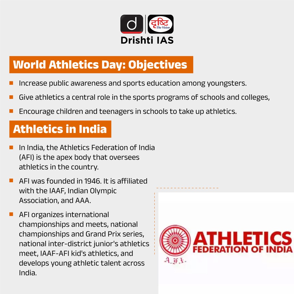 On World Athletics Day, We Salute the Dedication and Determination of our Nation's Finest Athletes.

#WorldAthleticsDay #Athletics #IAAF #UPSC #IAS #IAAFWorlds #WorldAthletics #Athletes #Olympics #GoldMedal #Sports #AFI #Champion #Medal #WorldRecord #DrishtiIAS #DrishtiIASEnglish