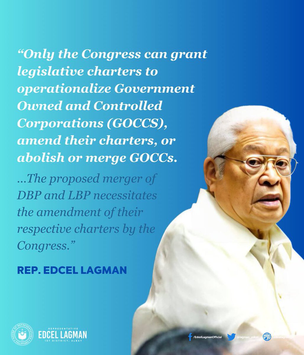 lagman_edcel's tweet photo. MY PRESS STATEMENT ON THE PROPOSED MERGER OF DBP AND LBP

Only the Congress can grant legislative charters to operationalize Government Owned and Controlled Corporations (GOCCS), amend their charters, or abolish or merge GOCCs. https://t.co/JMVgh9Ysd2