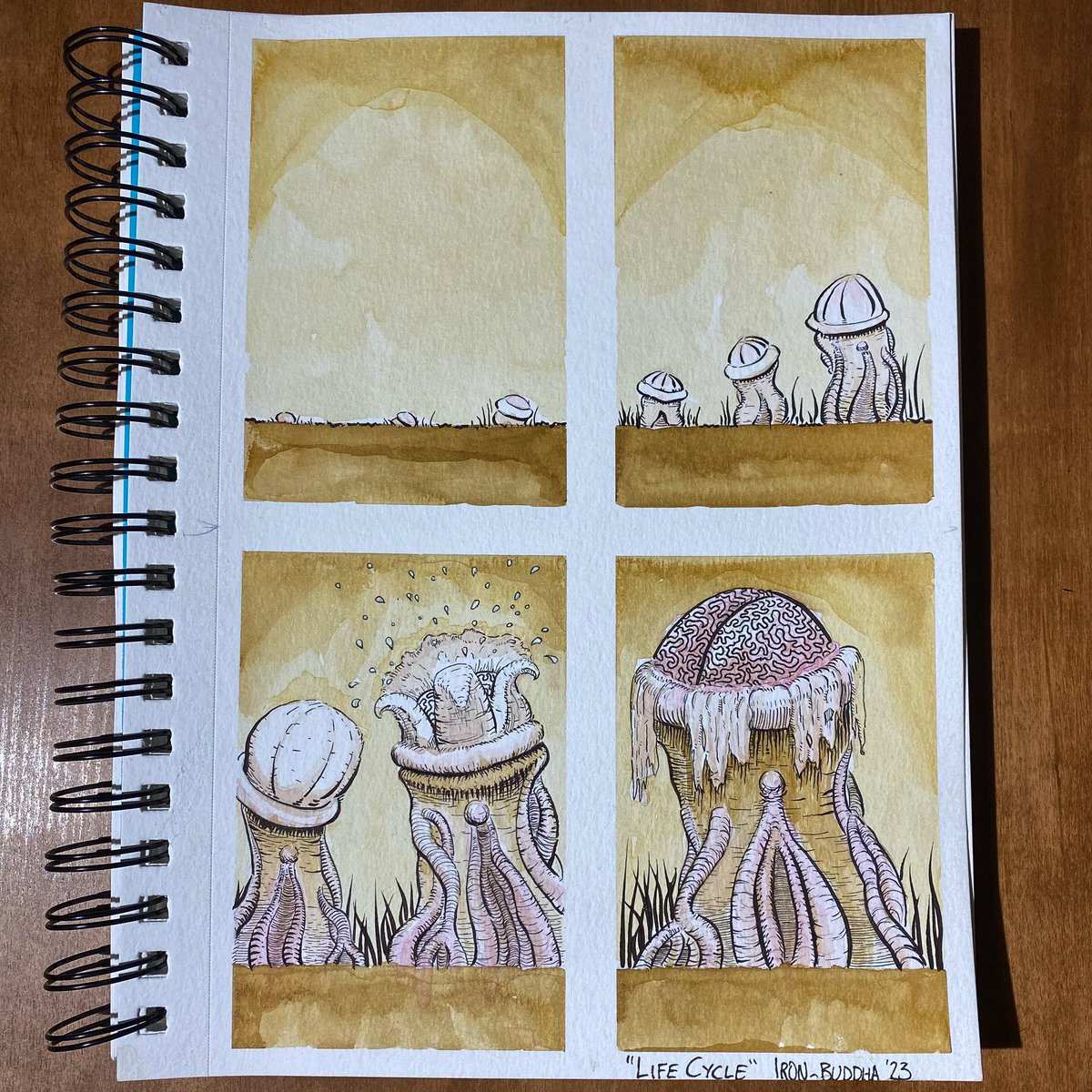 "life cycle", 2023, acrylic ink wash and india ink on watercolour paper

#comics #comicArt #indieComics #StilledEarth
#InterObjectRequestBroker #AcrylicInk #dipPen #ink #fungus #mycelium #mushroom #fantasy #scifi #brain #knowledge #repository