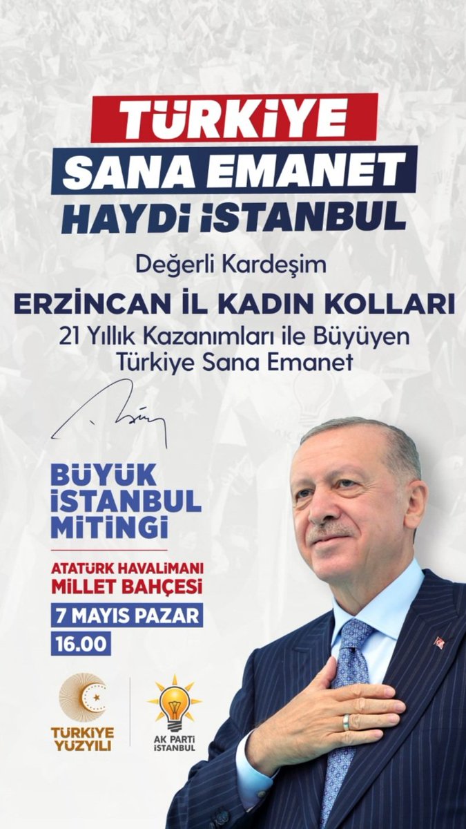 Liderliğinizde güçlü Türkiye Yüzyılına hazırız Sn.Cumhurbaşkanım <a href="/RTErdogan/">Recep Tayyip Erdoğan</a>

7 Mayıs Büyük İstanbul Mitingimizin dijital hatıra biletini almak için: turkiyesanaemanet.com

#TürkiyeSanaEmanet 🇹🇷