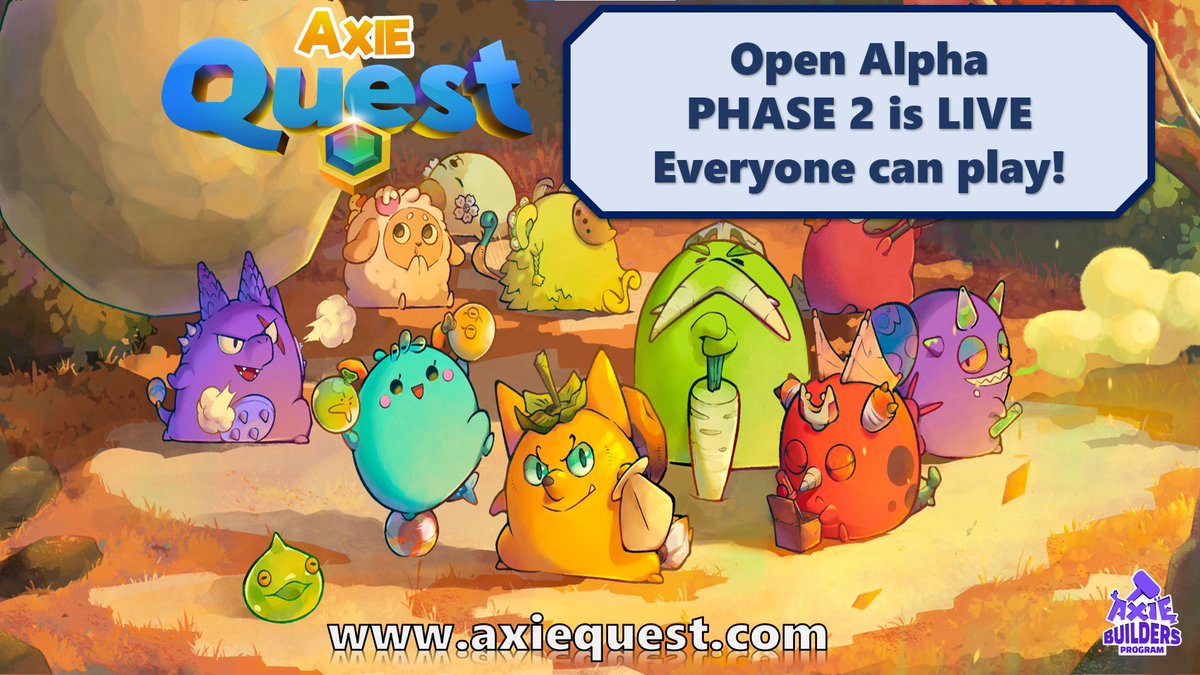 🔥🔥🔥
Axie Quest Alpha Phase 2 is Live!

This time, it is OPEN ALPHA, everyone with 3 Axies can play now!

Download Version 2 here:
axiequest.com

Join us in Discord: discord.com/invite/RY4Z97w…

🧵 More details [1/5]