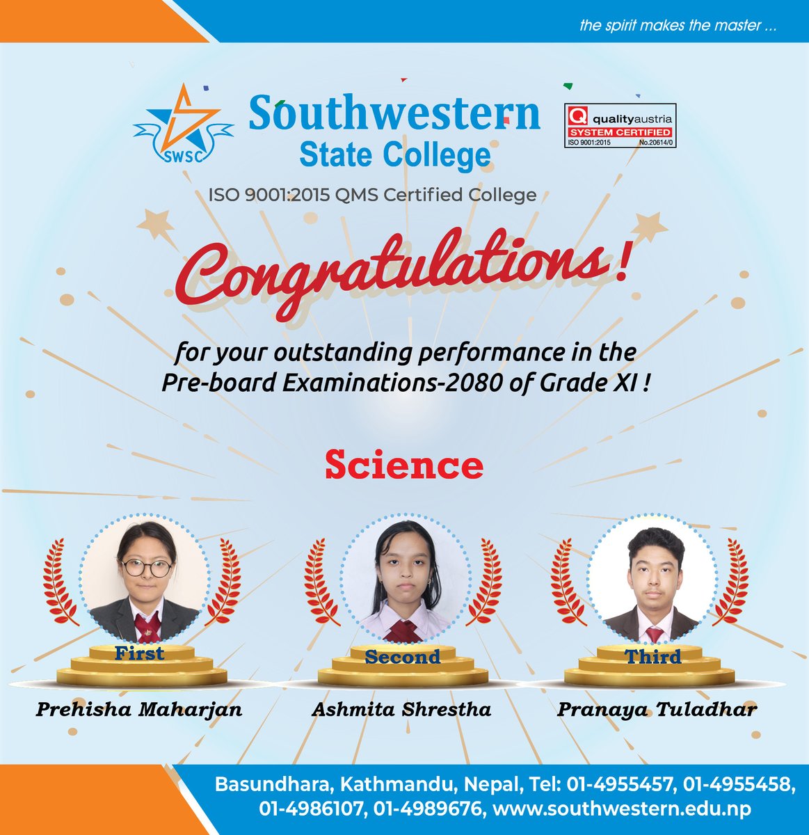 swsc_nepal's tweet image. Warmest Congratulations to our all the Pre-board 2080 Grade XI achievers!! Wishing you all even more success in the future.
#DareToExcel #theSpiritMakesTheMaster #southwesternstatecollegenepal #topcollegesinnepal #topstudents #swsc #achievers #science #management #humanities