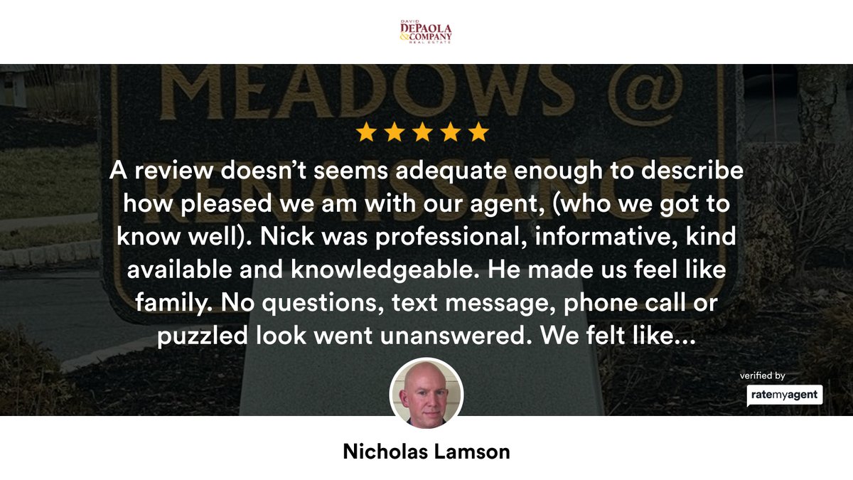 Our agent’s latest RateMyAgent review in Middlesex County
 1756833
rma.reviews/ckl0KMKXUUdd

...
#ratemyagent #realestate #David_DePaola_and_Company