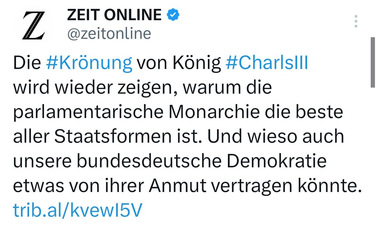 lgbeutin's tweet photo. Was unserer Demokratie fehlt, ist definitiv #Anmut, danke @zeitonline 😊 Wenn Steinmeier dann auf seinem Thron hockt, mit Zepter und Schwert in der Hand & von Kardinal Wölki gekrönt wird, wird alles endlich auch so gut, wie es in Großbritannien ist 😂
#Krönung #CharlesIII https://t.co/c238P5nCYd