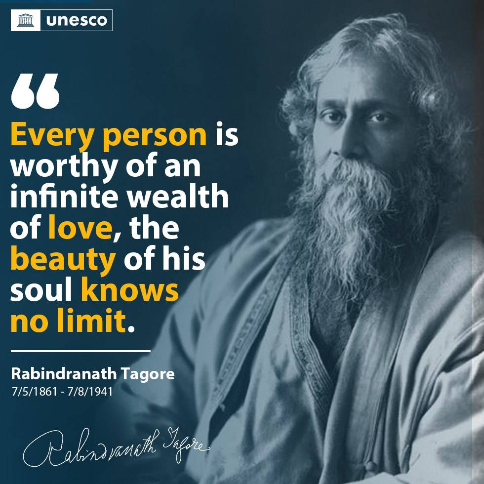 Tribute to philosopher, writer &amp; poet Rabindranath Tagore, born #OnThisDay in 1861.

Years later, his universal voice echoes into the present, promoting our shared humanity.

Be inspired by Tagore’s humanist ideas.

Read more from the @unescocourier: on.unesco.org/3LJOmpQ